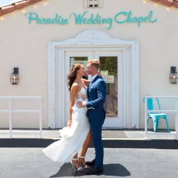 Las Vegas wedding couple in front of chapel