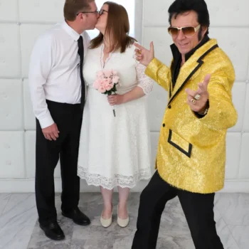 Elvis performer in gold jacket same day wedding Las Vegas chapel