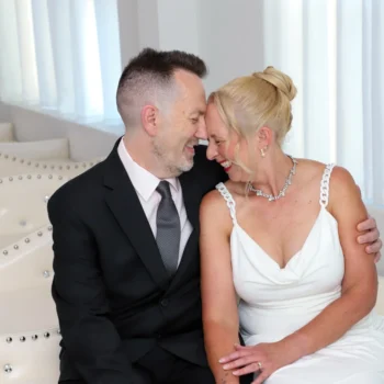 Bride and groom laughing together Las Vegas wedding
