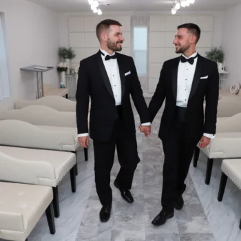 groom and groom walking together inside Las Vegas wedding chapel