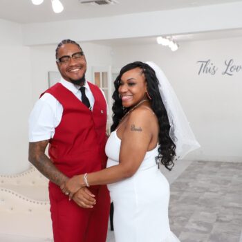 Bride and groom facing each other during Las Vegas ceremony