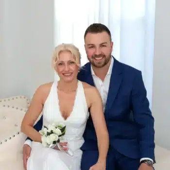 Newlywed couple seated together after their Las Vegas wedding ceremony.